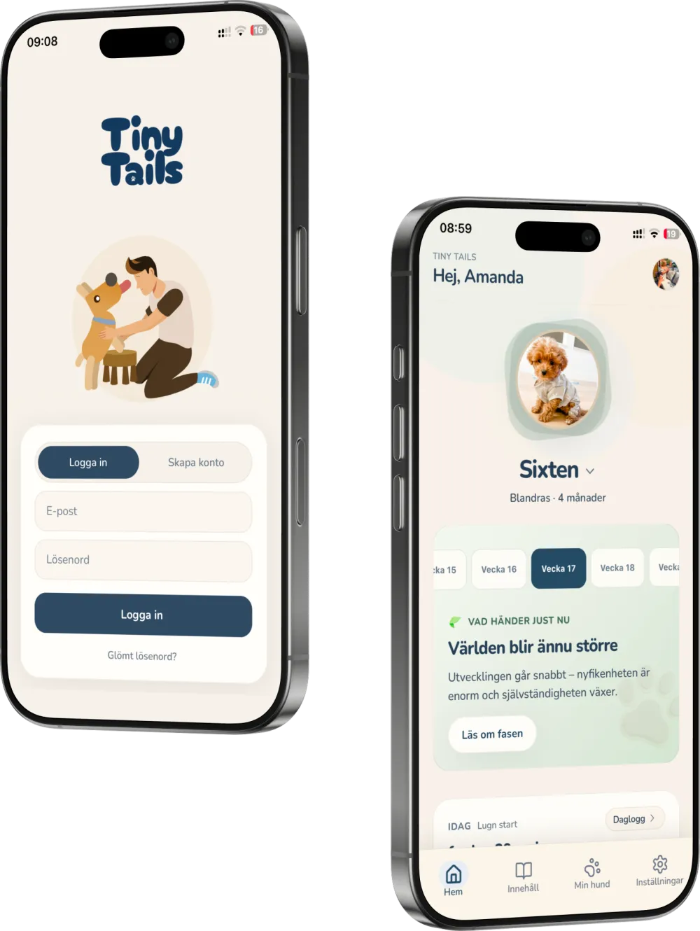 Tiny Tails: inloggning och hundprofilen Sixten